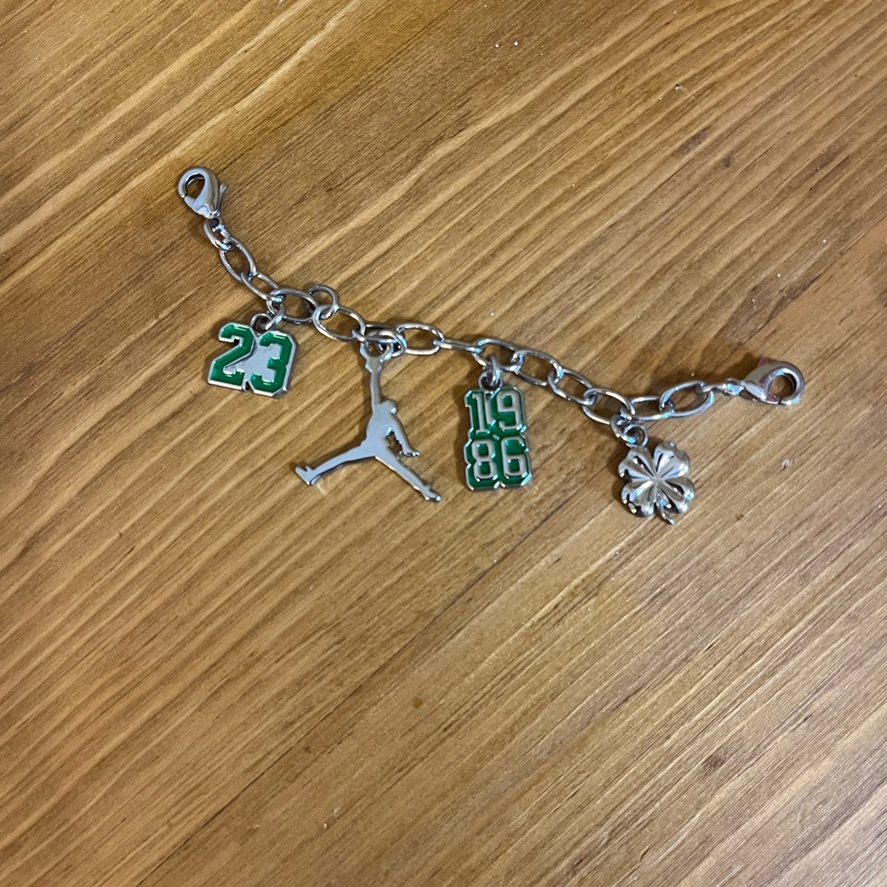 Michael Jordan shoe charm with 4 charms, 1986, jumping guy, 23, shamrock 3 1/2”
